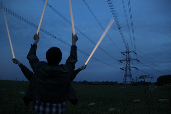 Tubes and pylons at dusk